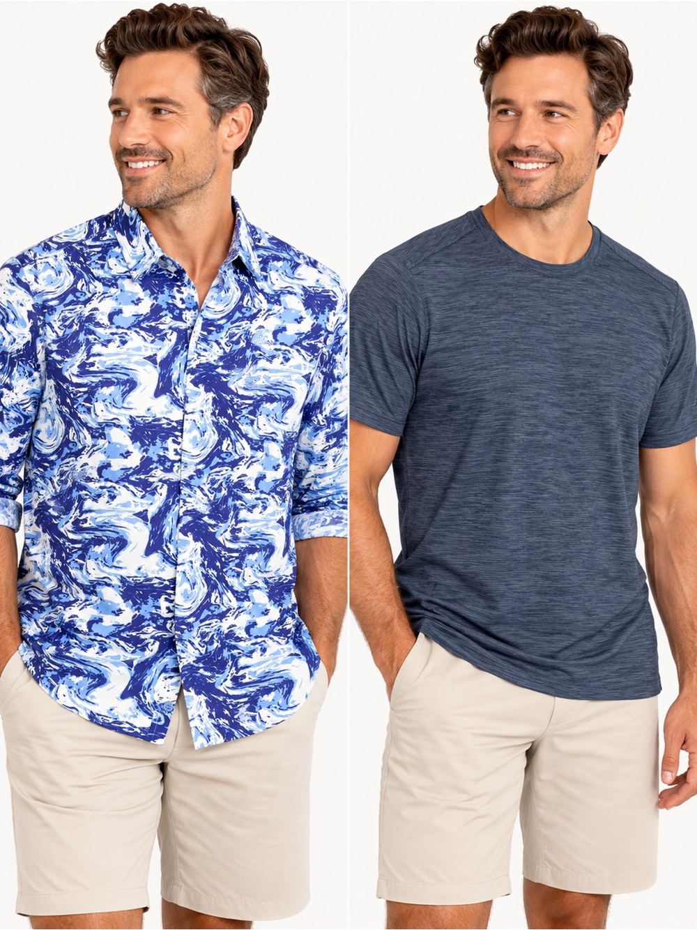 Multiples Blue Marble Button-Down & Navy Heather Tee Set